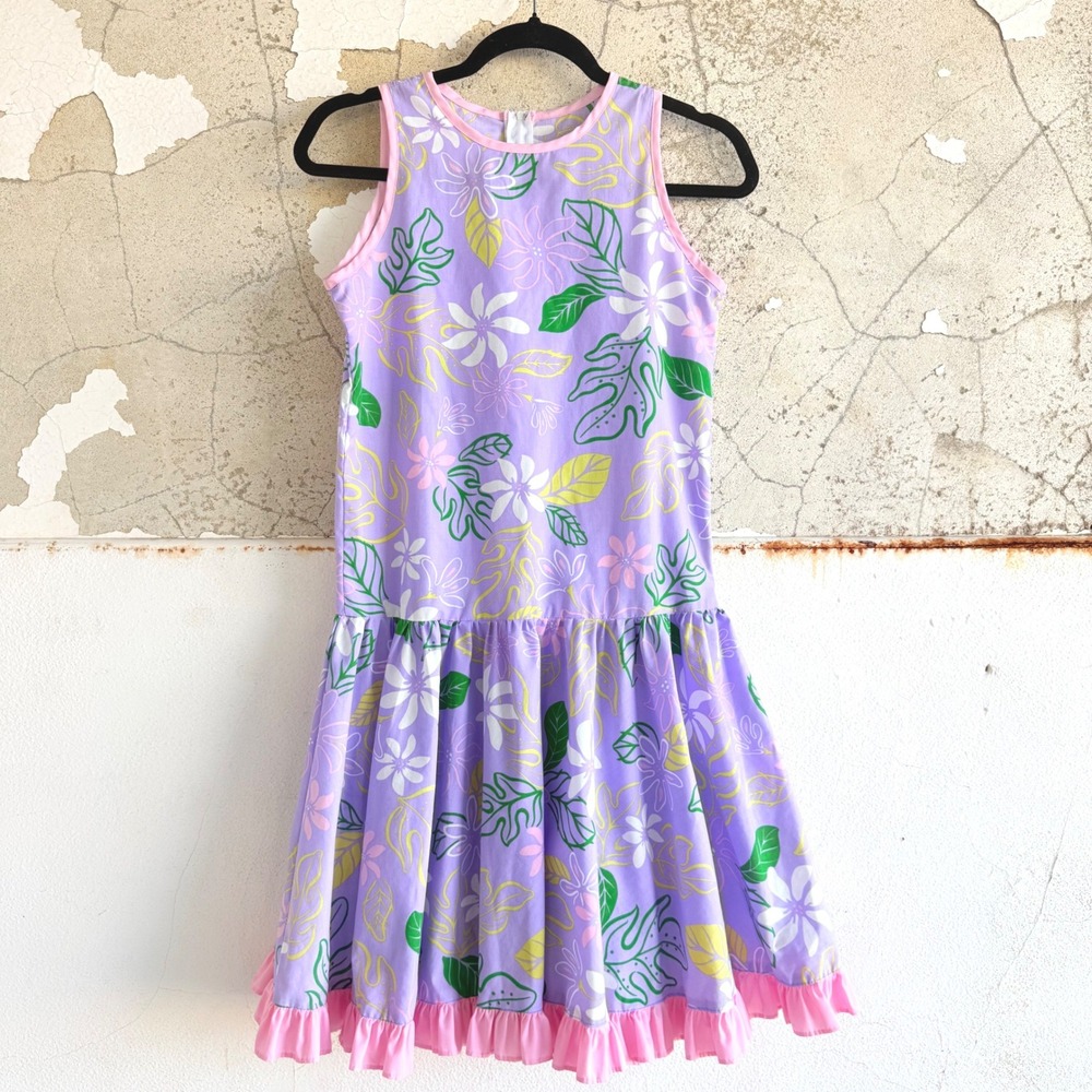 Vintage Hawaiian Dress Purple Pink Floral Ruffle Hem‎ Strawberry Guava Girls 14
